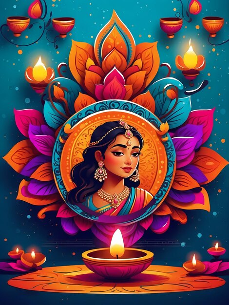 Zdjęcie ilustracja święta diwali z piękną kobietą trzymającą świecę shubh deepavali