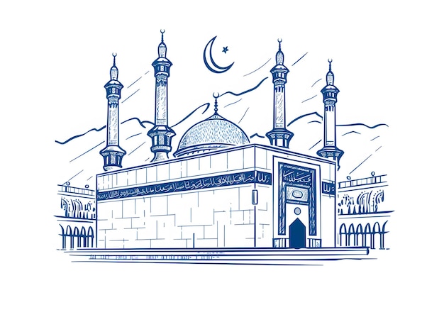 Ilustracja świętej Kaaba w Mekce Arabii Saudyjskiej karta powitalna z meczetem