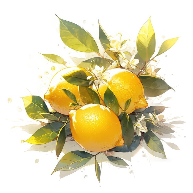 ilustracja świeża cytryna z akwarelą żółtych liści