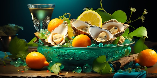ilustracja świeżych ostryg na talerzu Ostrygi z cytryną i sosem Jedzenie w restauracji