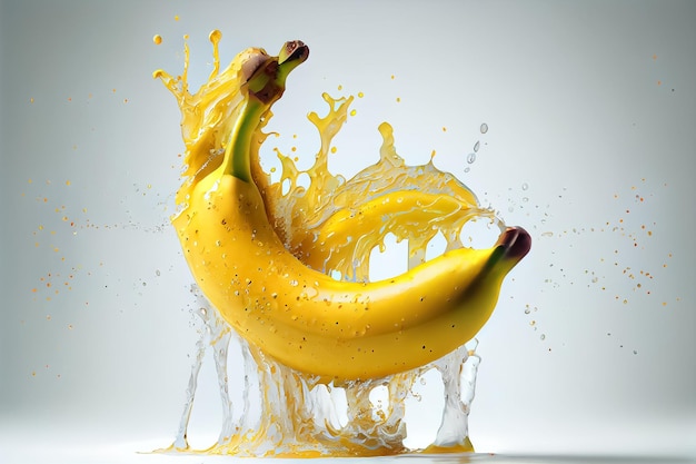 Ilustracja świeżych owoców banana z plusk wody na białym tle