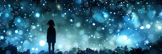 Ilustracja sylwetka dziewczyny niebo bokeh senne stojące gwiazdy pole ciemne