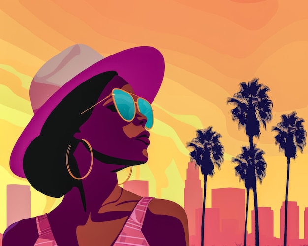 Ilustracja sylwetki afroamerykańskiej kobiety nad panoramą miasta