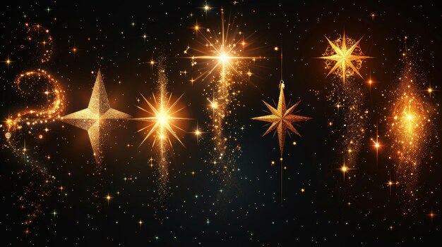 Zdjęcie ilustracja szablonu projektowania sztuki oświetlonych gwiazd z błyskami izolowanymi na czarnym tle nadaje się jako szablon projektowania sztuk ilustracyjnych baner do uroczystości świątecznych magiczny błysk