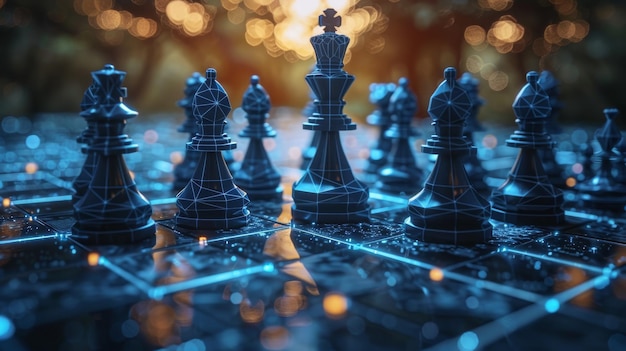 Ilustracja szachownicy o niskiej poli z ikonami biznesowymi jako metafora strategii biznesowej i zarządzania ryzykiem