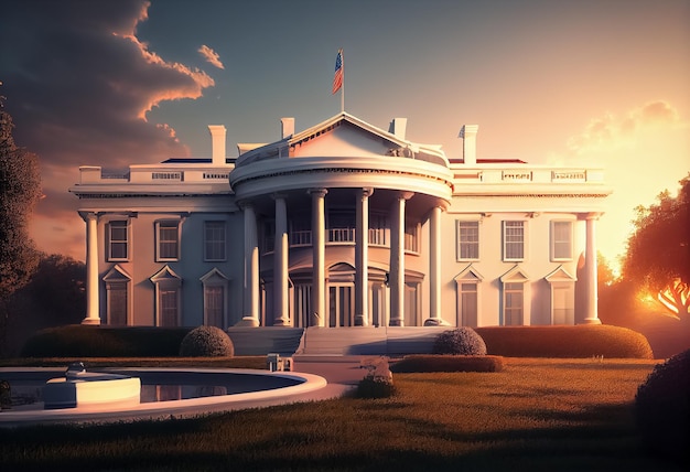 Ilustracja szczegółu kopuły Kapitolu w Białym Domu w Waszyngtonie z machającą amerykańską flagą AI