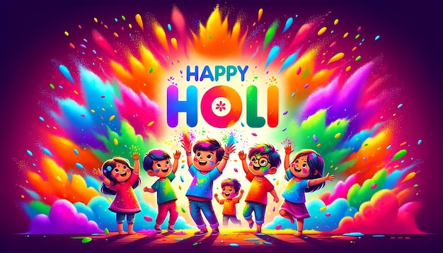 Ilustracja szczęśliwego Holi w stylu kreskówki z dziećmi radośnie bawiącymi się podczas Holi