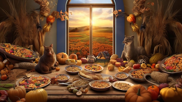 Ilustracja szczęśliwego menu Święta Dziękczynienia na stole wieczornym jako koncepcja uczty pieczony indyk z sosem z żurawiny i wypełnieniem Generative Ai
