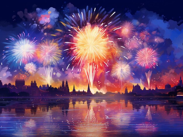 ilustracja Szczęśliwego Nowego Roku i Wesołych Świąt z fajerwerkami