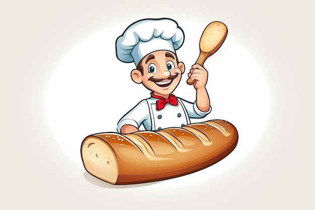Ilustracja szczęśliwego piekarza z kreskówek na guziku z kapeluszem szefa kuchni i chlebem