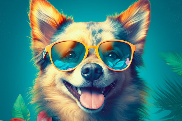 Ilustracja szczęśliwego psa noszącego okulary przeciwsłoneczne Zabawny humorystyczny baner letnie wakacje