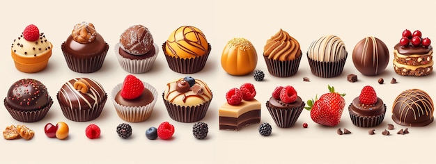 Ilustracja szerokiego formatu z różnorodnymi czekoladami