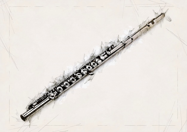 Ilustracja Szkic klasycznego srebrnego fletu na prążkowanym papierze