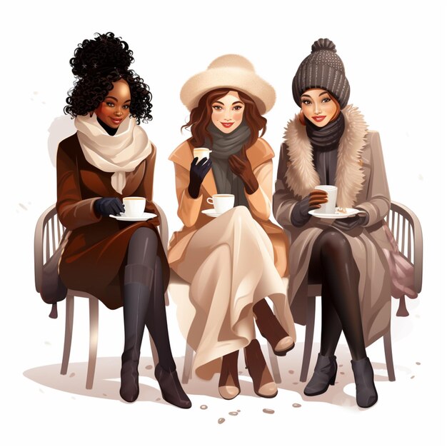 ilustracja sztuka grupa kobiet pije kawę na białym tle