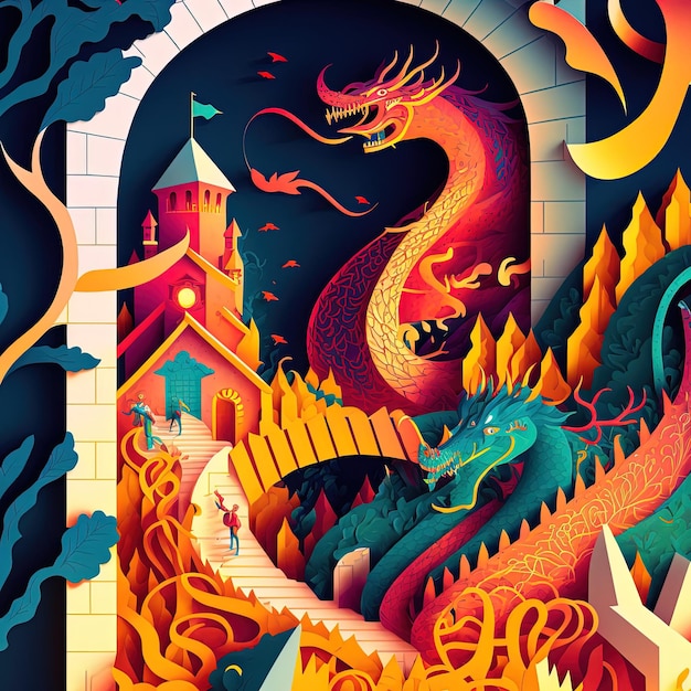 Ilustracja sztuki cięcia papieru Niebiański pomysł Zamek i smoki wyrzeźbione w papierze kolorowy obraz wielowymiarowa iluzja głębi 3d