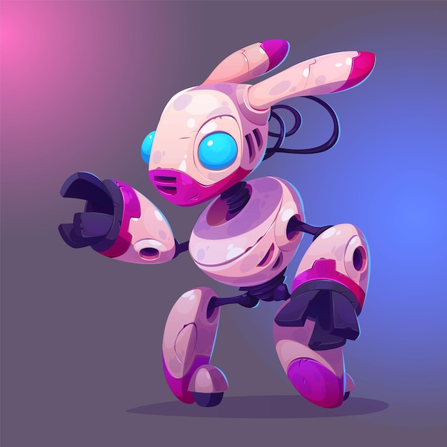 Ilustracja sztuki pikselowej króliki robota z niebieskimi oczami stworzona w fioletowo-różowym kolorze