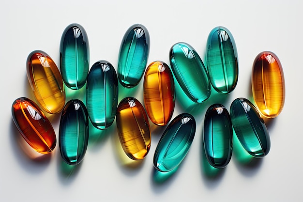 Ilustracja tabletek z kapsułkami Omega 3 na stole w różnych kolorach