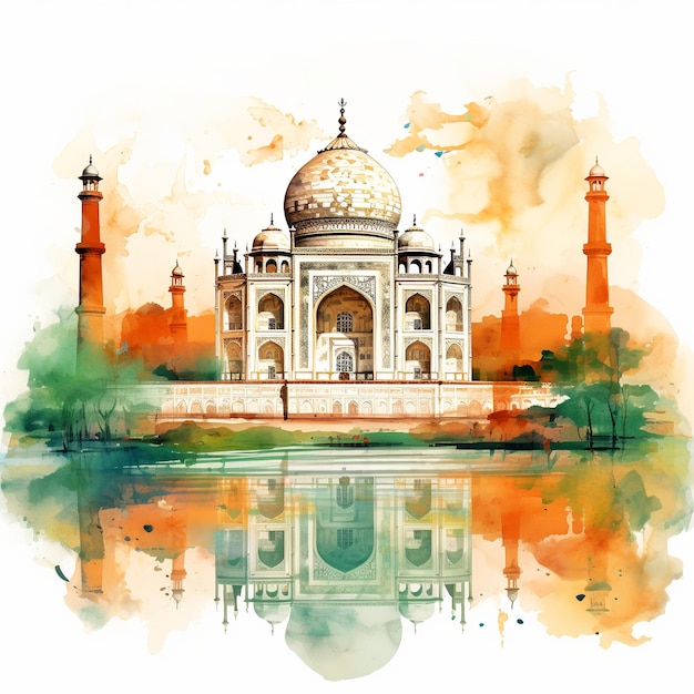 ilustracja taj mahal w stylu przypominającym akwarele pomarańczowy i zielony kolor