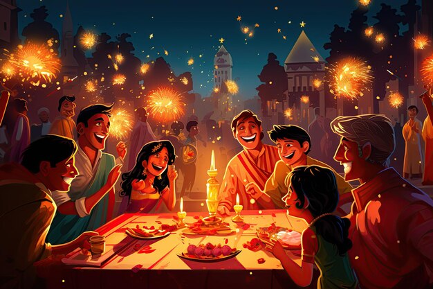 Ilustracja Tętniącego życiem I Radosnego Festiwalu Diwali W Indiach Jasno Oświetlone Diyas Kolorowe Rangoli Projektuje Tradycyjne Strojegenerowane Za Pomocą Sztucznej Inteligencji