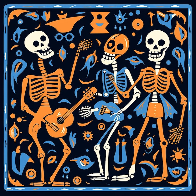 ilustracja tła Day of the Dead ze szkieletową czaszką i gitarą Crossbones