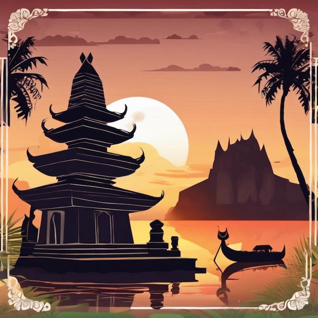 Ilustracja tła Dnia Nyepi z świątynią o zachodzie słońca