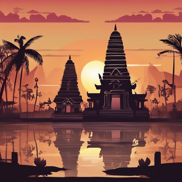 Ilustracja tła Dnia Nyepi z świątynią o zachodzie słońca