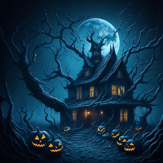 Ilustracja tła Halloween z domem duchów, martwym drzewem i przerażającymi dyniami