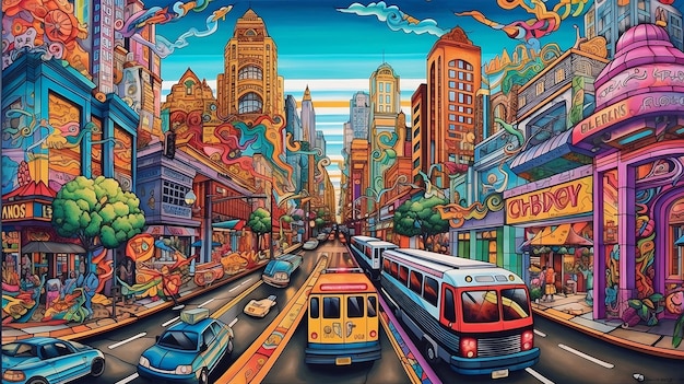 Ilustracja tła pejzażu miejskiego w stylu mozaiki z pojazdami Generative AI