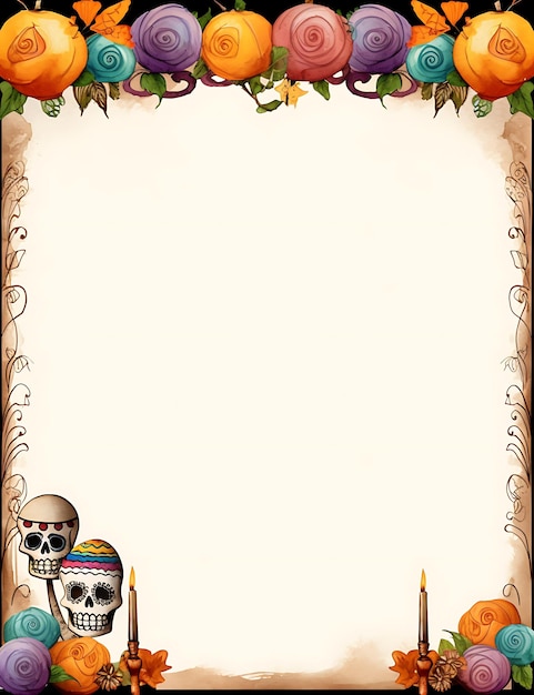 Ilustracja tła ramki Dia de los Muertos ze szkieletem Koncepcja Dnia Zmarłych