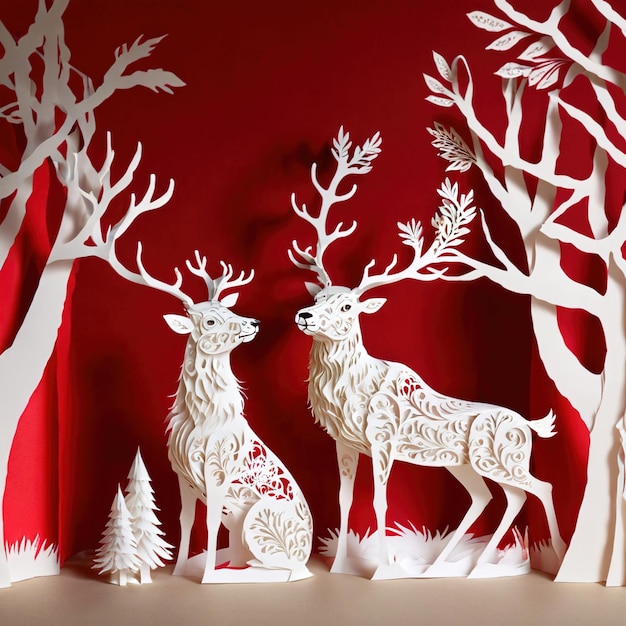 Ilustracja tradycyjnej świątecznej dekoracji reniferów w stylu wycięcia papieru