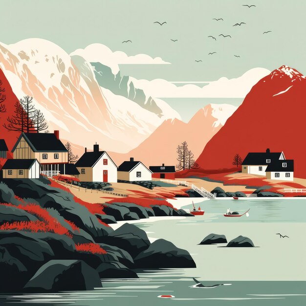 Zdjęcie ilustracja tradycyjnie skandynawskie domy z typową norweską naturą generatywna ai