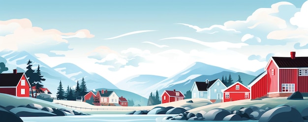 Ilustracja tradycyjnie skandynawskie domy z typową norweską naturą Generatywna ai