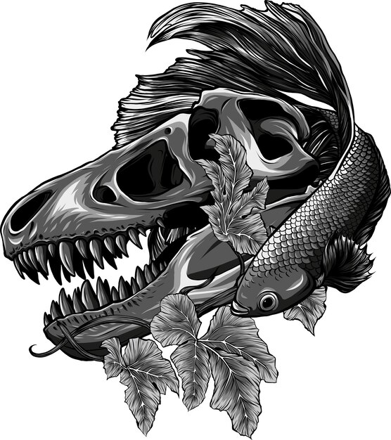 Zdjęcie ilustracja trex skull z rybą betta