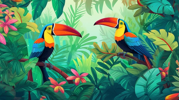 Ilustracja tropikalnego lasu deszczowego z tukanami Generative AI