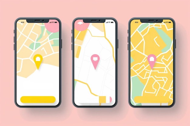 Ilustracja trzech telefonów komórkowych pokazująca minimalistyczny interfejs aplikacji do śledzenia dostaw z mapą i szpilkami lokalizacji