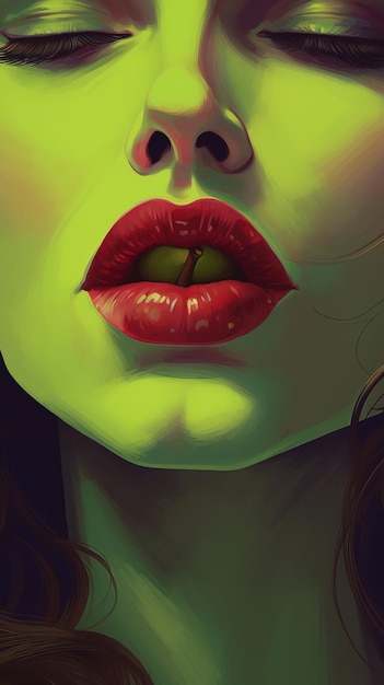 Ilustracja twarzy kobiety w odcieniach zieleni z czerwonymi ustami Malarstwo Art