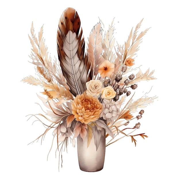 Ilustracja układu bukietu ślicznych akwarelowych piór i kwiatów