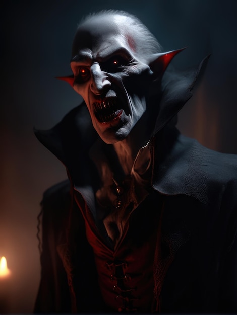 Ilustracja ultrarealistycznego wampira w dramatycznej lekkiej mgle