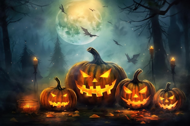 Ilustracja upiornego halloweenowego tła z dyniami Poczuj świąteczną atmosferę dzięki tej urzekającej i niesamowitej scenie Generacyjna sztuczna inteligencja