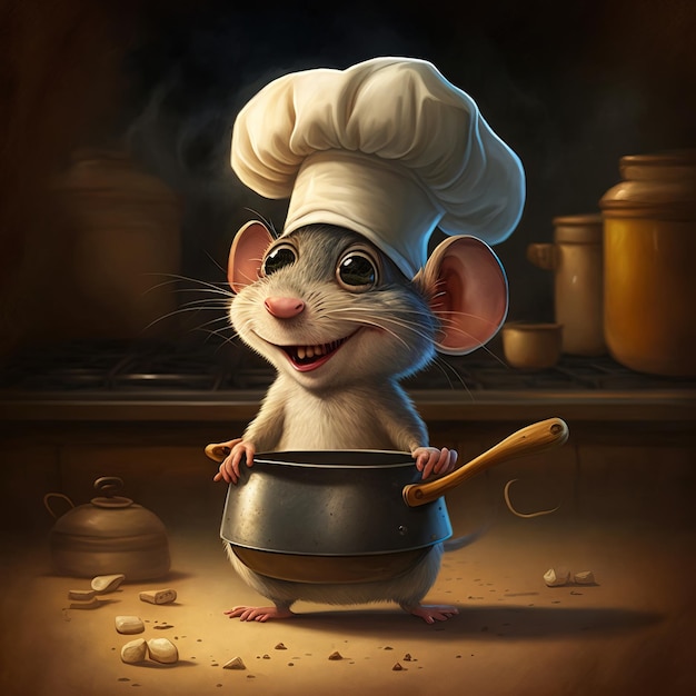 ilustracja Urocza mysz przebrana za szefa kuchni na stole w tle kuchnia Generatywna A