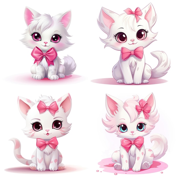 Ilustracja uroczego kociaka z różowym łukiem i sercem