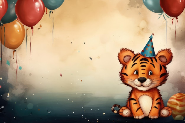 Ilustracja uroczego tygrysa z kolorowymi balonami Kartka urodzinowa plakat dla dzieci