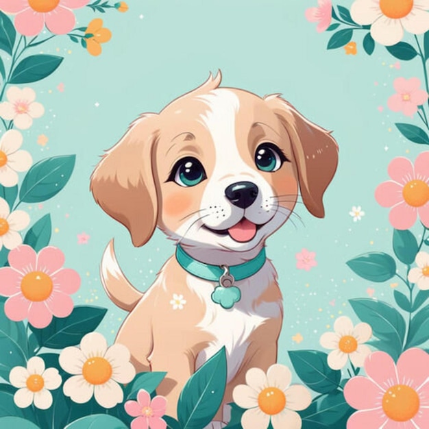 Ilustracja uroczego zabawnego szczeniaka w kwiatach w stylu kawaii