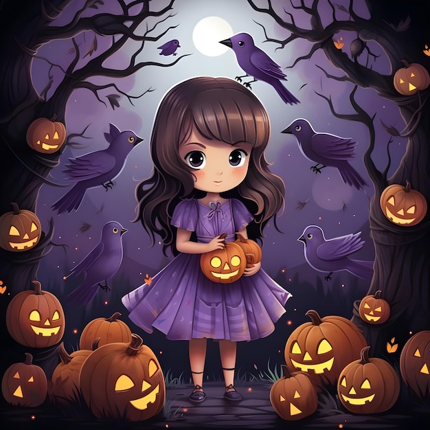 Ilustracja uroczej dziewczynki w zabawnym poście w mediach społecznościowych na imprezę z okazji Halloween