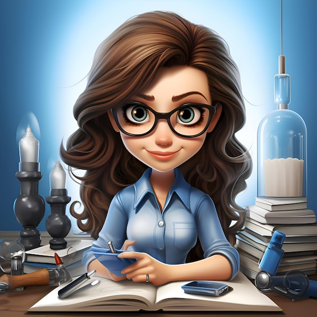 Zdjęcie ilustracja uroczej dziewczyny piszącej w książce przy biurku