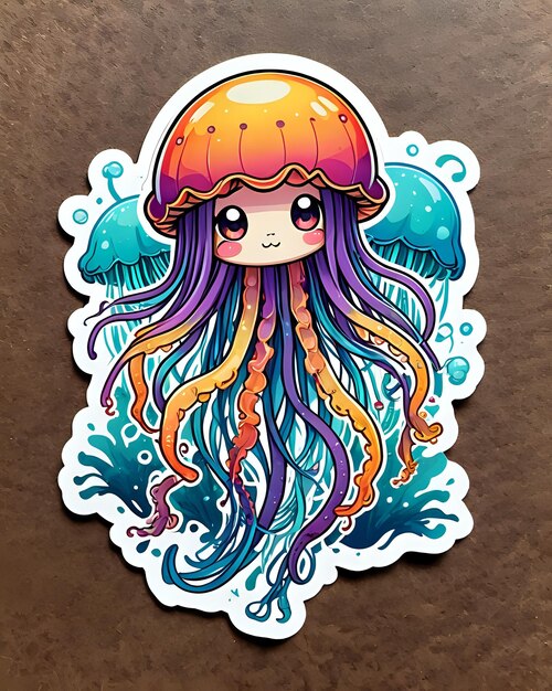 Ilustracja uroczej naklejki Jellyfish o żywych kolorach i zabawnym wyrazie twarzy