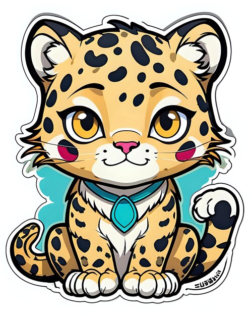 Zdjęcie ilustracja uroczej naklejki z kreskówką leopard z żywymi kolorami i zabawnym wyrazem twarzy