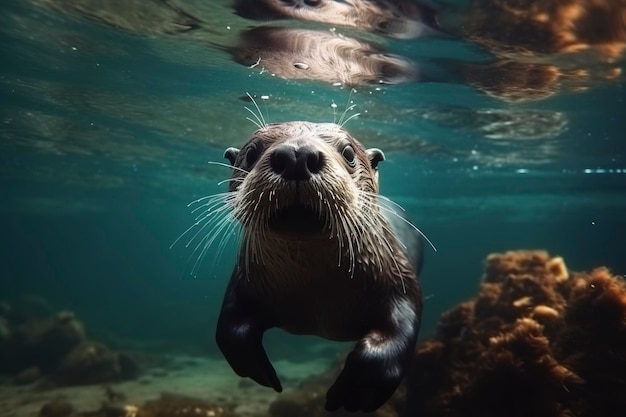 Ilustracja uroczej wydry nurkującej pod wodą generuje ai