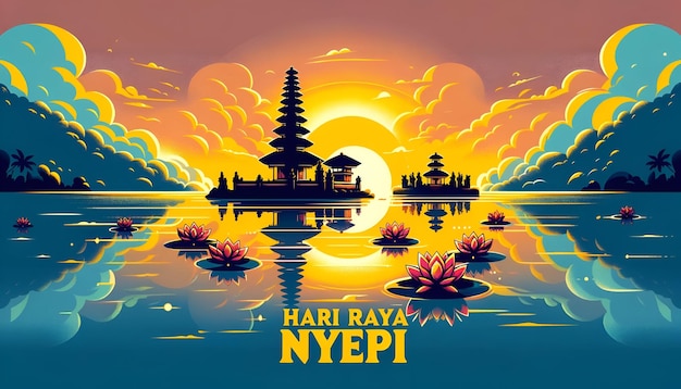 Ilustracja uroczystości hari raya nyepi z sylwetką balijskiej świątyni o zachodzie słońca