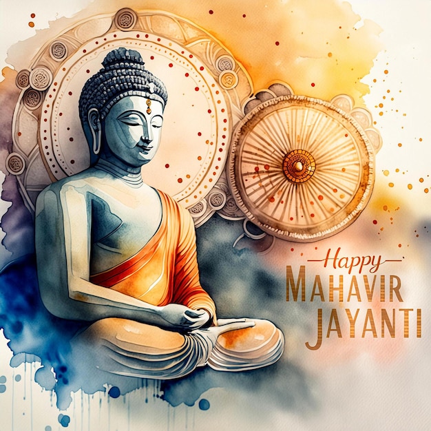 Zdjęcie ilustracja urodzenia mahavira jayanti uroczystości plakat posąg pana mahavira w stylu akwarelu